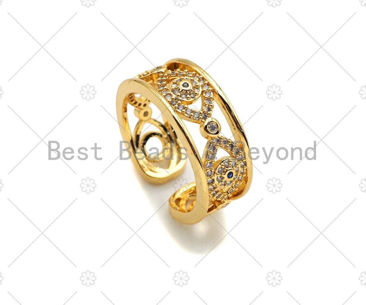 Gold Silver CZ Evil Eye Adjustable Ring, Sku#X197