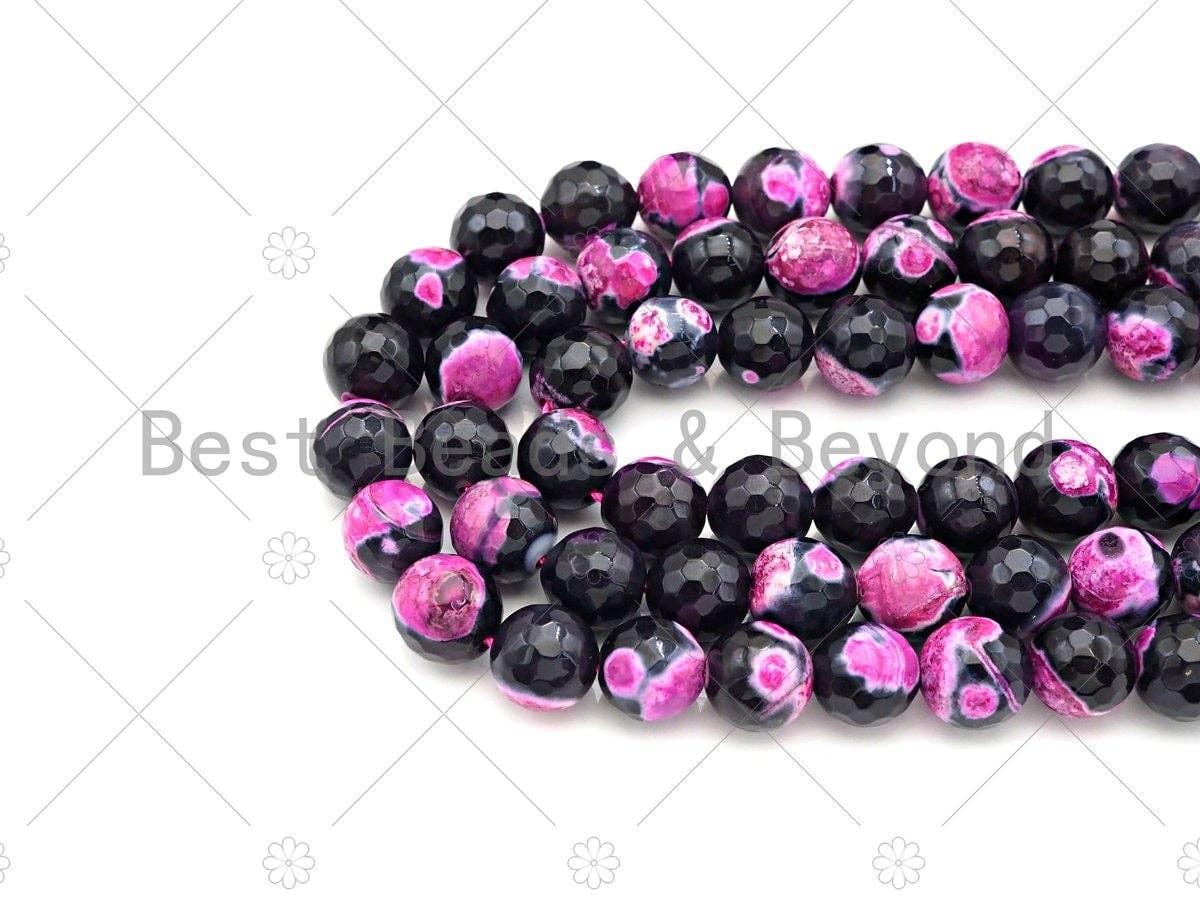 Natural Hot Pink Black Fire Agate Round Faceted Beads, 8mm/10mm/12mm Hot Pink Black Fire Agate, Natural Agate, 15.5" Full Strand, Sku#U1059