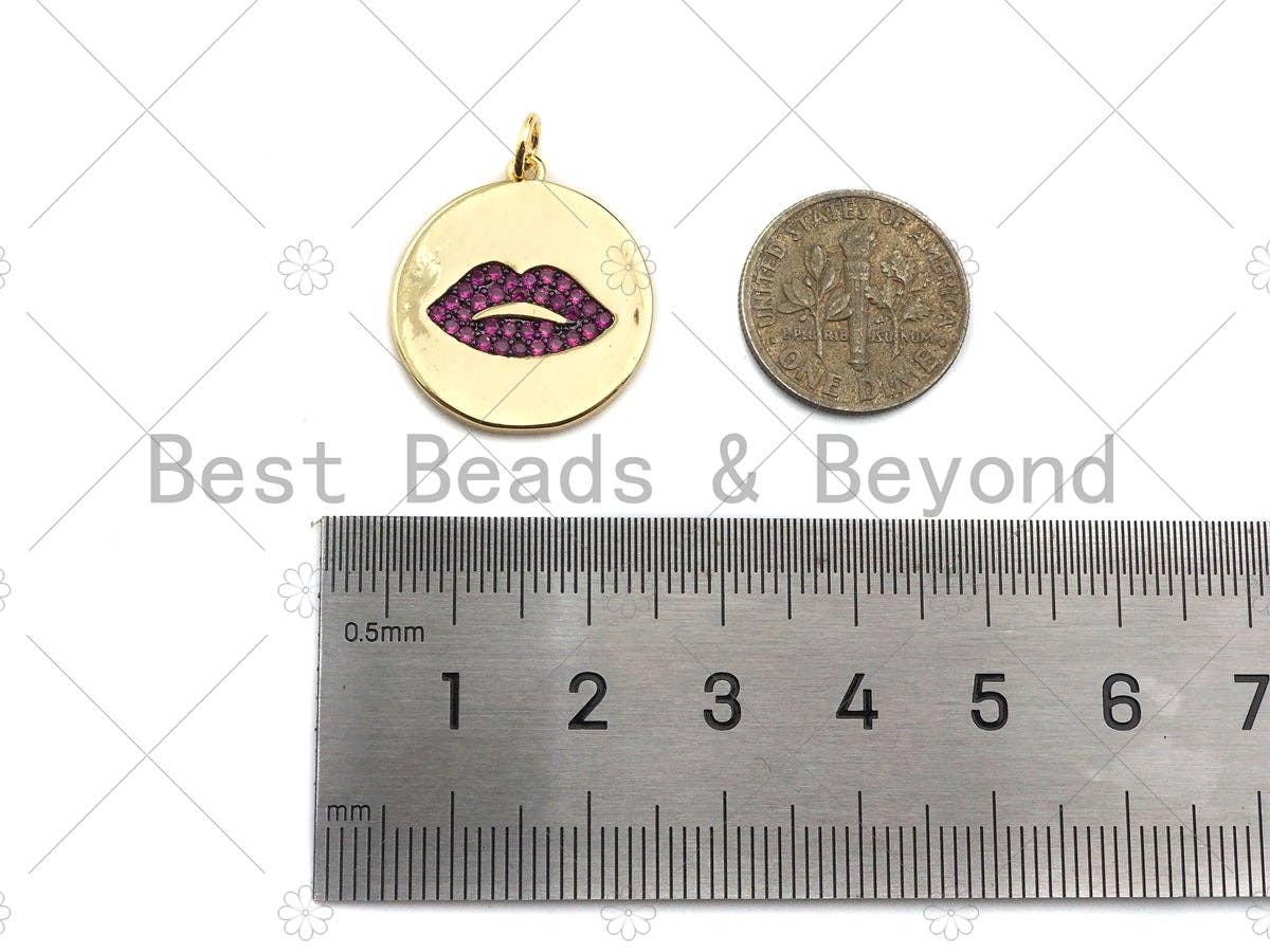 CZ Micro Pave Fuchsia Lip On Round Coin Shape Pendant Charm, Cubic Zirconia Lip Charm, Real Gold Plated Charm,20x22mm,Sku#L356