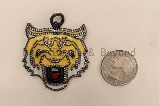 NEW Enamel Yellow Tiger Head Focal Pendant, Cubic Zirconia Pave Pendant in gold/rose gold/silver/Gunmetal, Enamel Jewelry, 40mm,sku#F611T