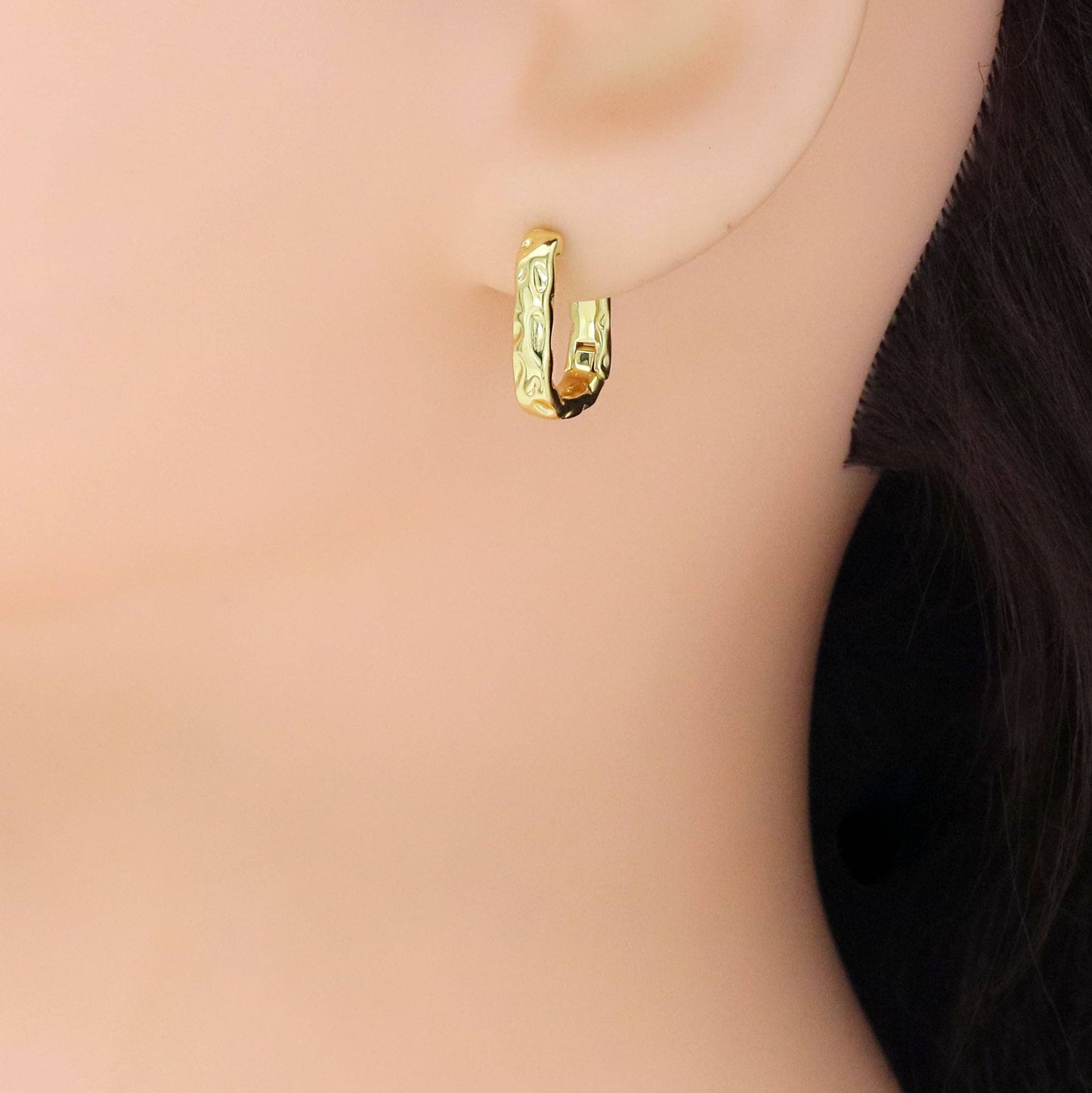 hammered Gold Silver Rectangle Hoop Earrings, Sku#A303