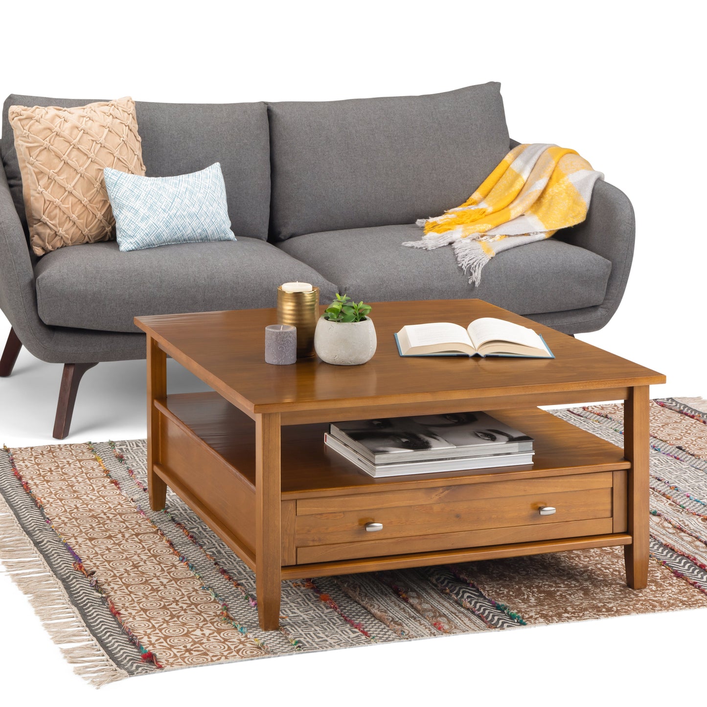 Warm Shaker 36 Inch Wide Solid Wood Square Coffee Table in Light Golden