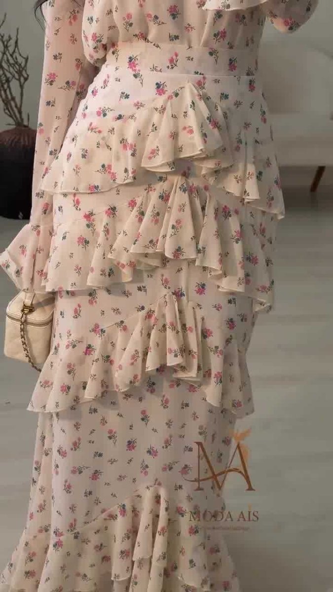 Elegant Romantic Floral Chiffon Fishtail Ruffled Long Sleeve Dress Maxi Dress Abaya(MA212)