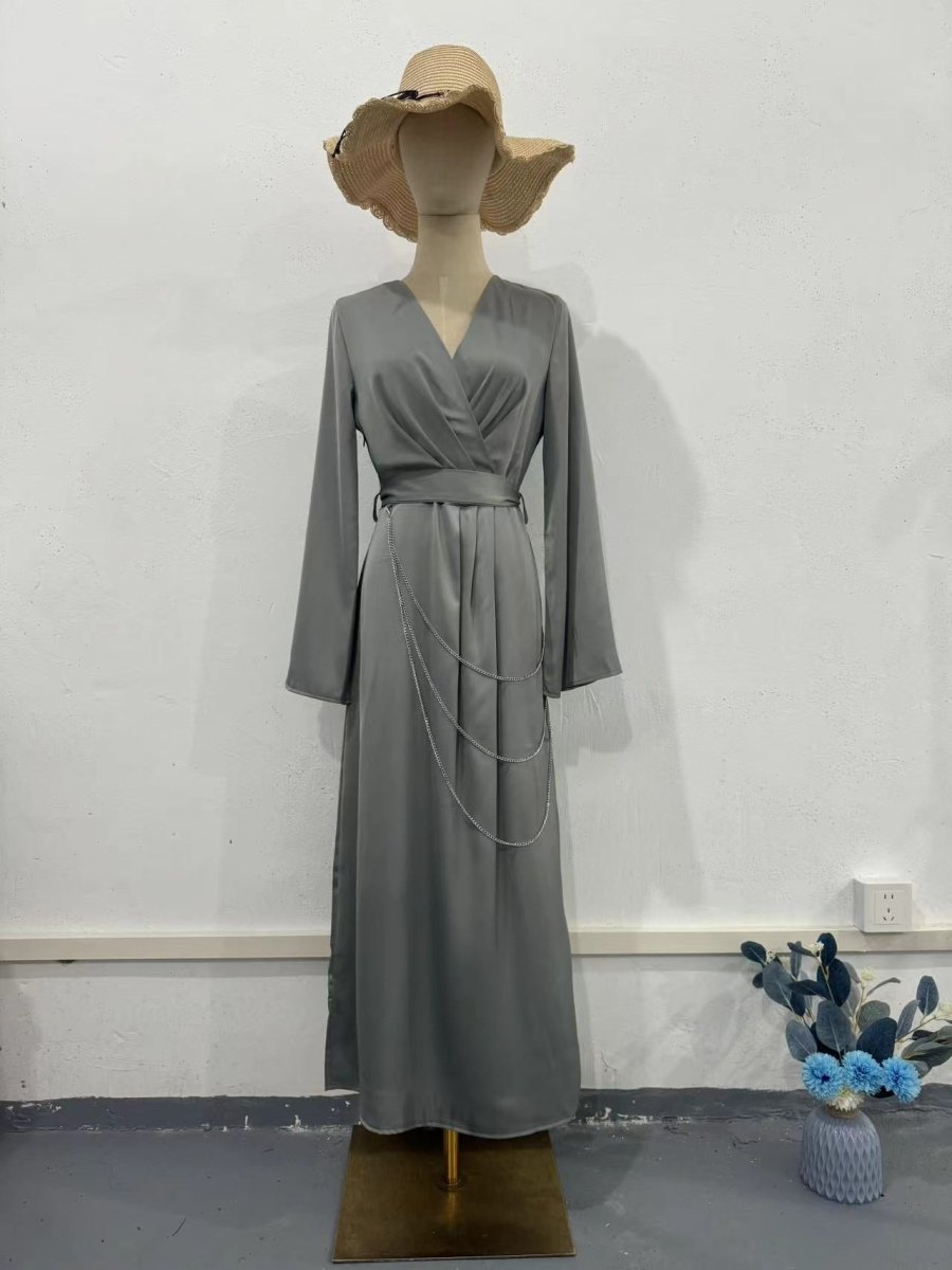 Elegant Satin Maxi Dress Abaya with Waist Chains V-Neck Long Sleeve Solid Color Dresses(MA204)