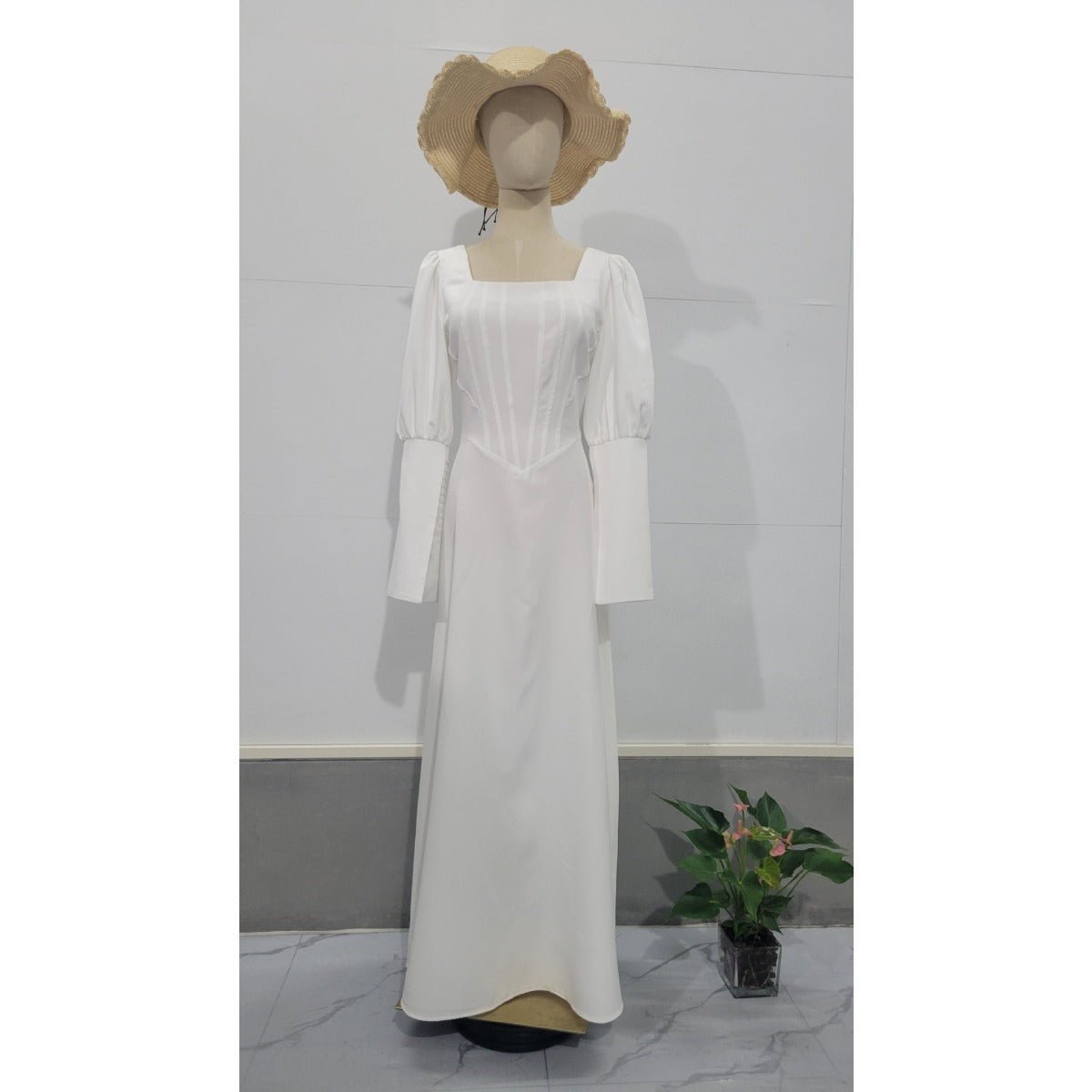 Elegant White Square Neck Long Sleeve Bubble Sleeve Modest Dress Abaya (MA228)