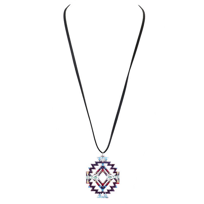 Enamel Aztec Pattern Pendant Leather Long Necklace Earrings