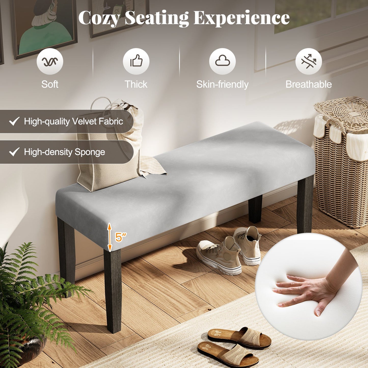End of Bed Bench with Padded Seat and Solid Wood Legs-Gray