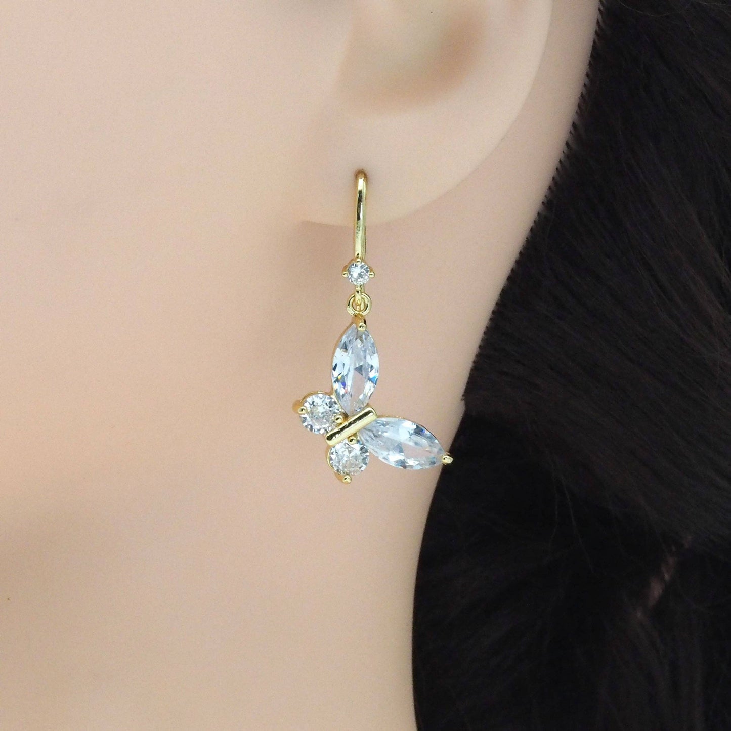 Gold Crystal CZ Butterfly Dangle Earrings, Sku#LK840