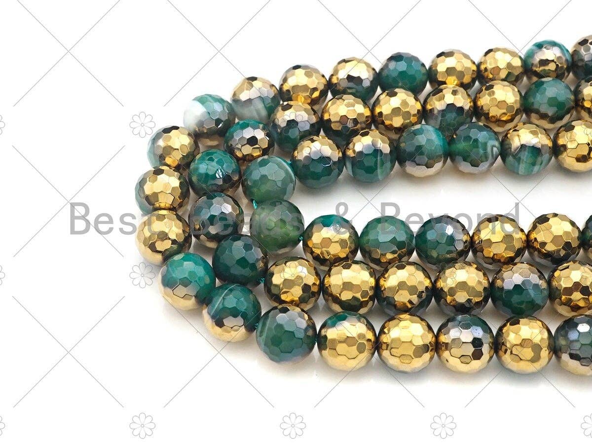 Half Gold Plated Green Agate Beads, 8mm/10mm/12mm Round Faceted Gold Green Agate Beads, 15.5 Full Strand, sku# UA135