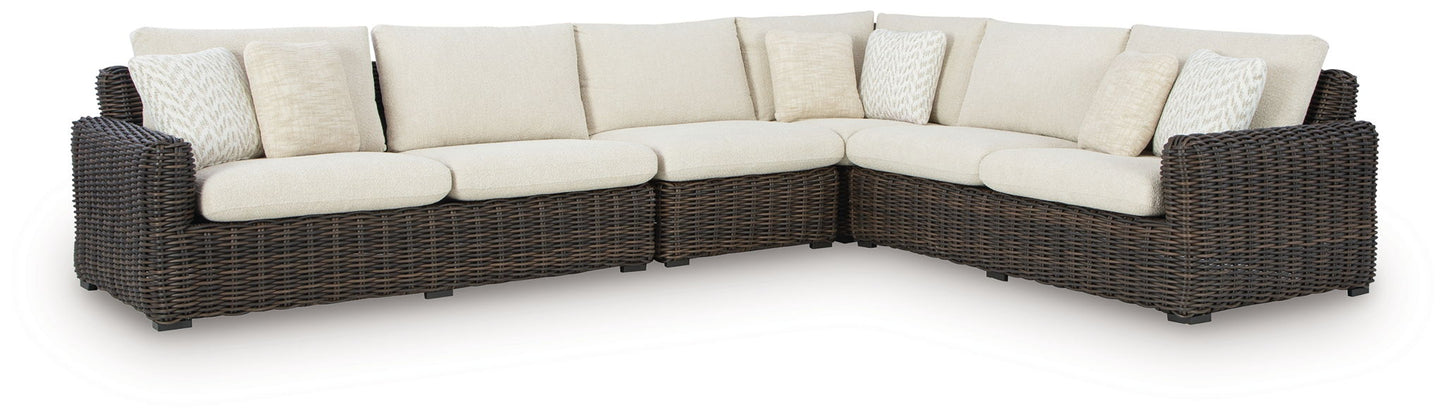 Kimora - 7 Pc. - 4-Piece Outdoor Sectional, Swivel Glider Lounge, Cocktail Table, End Table - Beige / Dark Brown