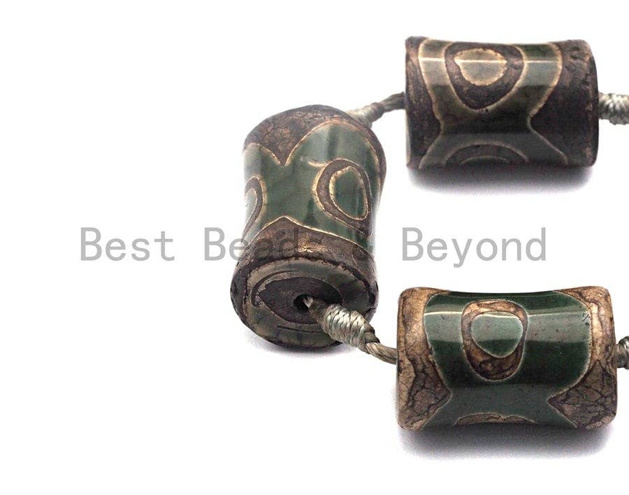 1pc/11pc Etched Tibetan agate Spool Beads, Dzi Agate Beads, Chunky Tibetan Agate,Dark Green Brown Agate Beads, 15x22mm, sku#U516