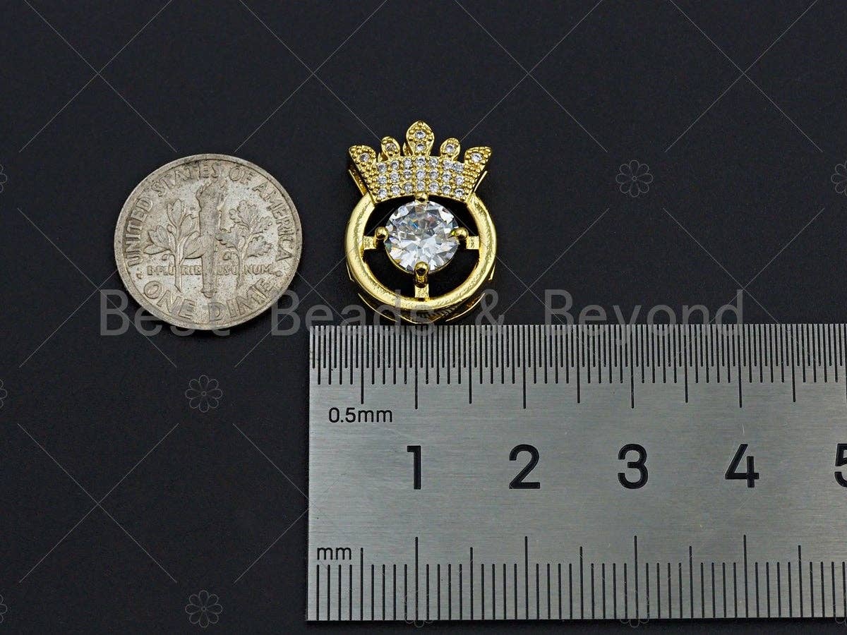 18K Gold Micro CZ Pave with Big CZ Crown Pendant, Gold Crown Charm, Crown Beads, Jewelry Findings, 14x20mm, sku#LK47