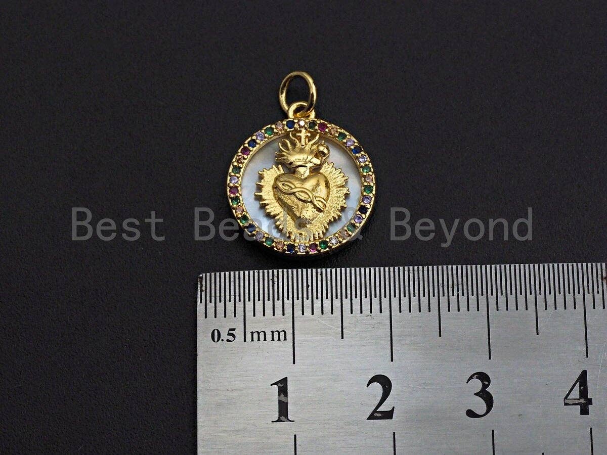 Colorful CZ Micro Pave Heart on Mother-of-pearl Pendant Charm, Cubic Zirconia Charm, 16x18mm,sku#Z844