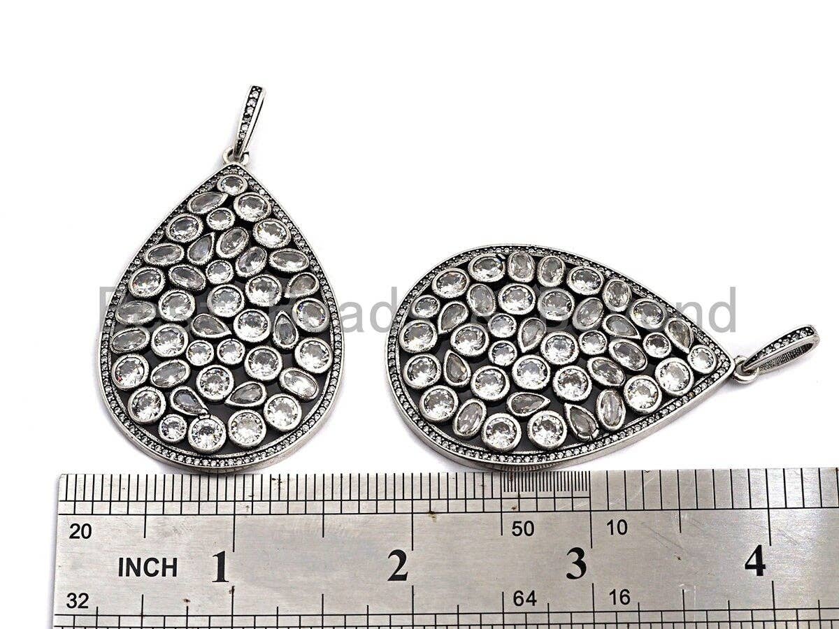 CZ Micro Pave Teardrop Pendant, Antique Silver Tone, Cubic Zirconia Pave Big Teardrop Charm Pendant, 36x55mm,sku#F1007