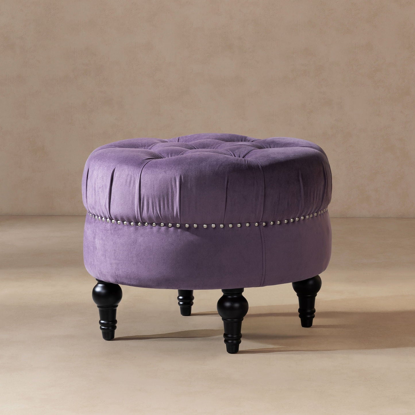 Dawn - Tufted Round Ottoman Nailhead Accents - Purple