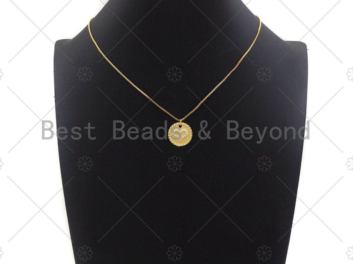 CZ Micro Pave Heart On Round Coin Charm/Pendant, Heart Shape Charm, Gold Coin Pendant, Gold plated charm, 18mm, Sku#LK131