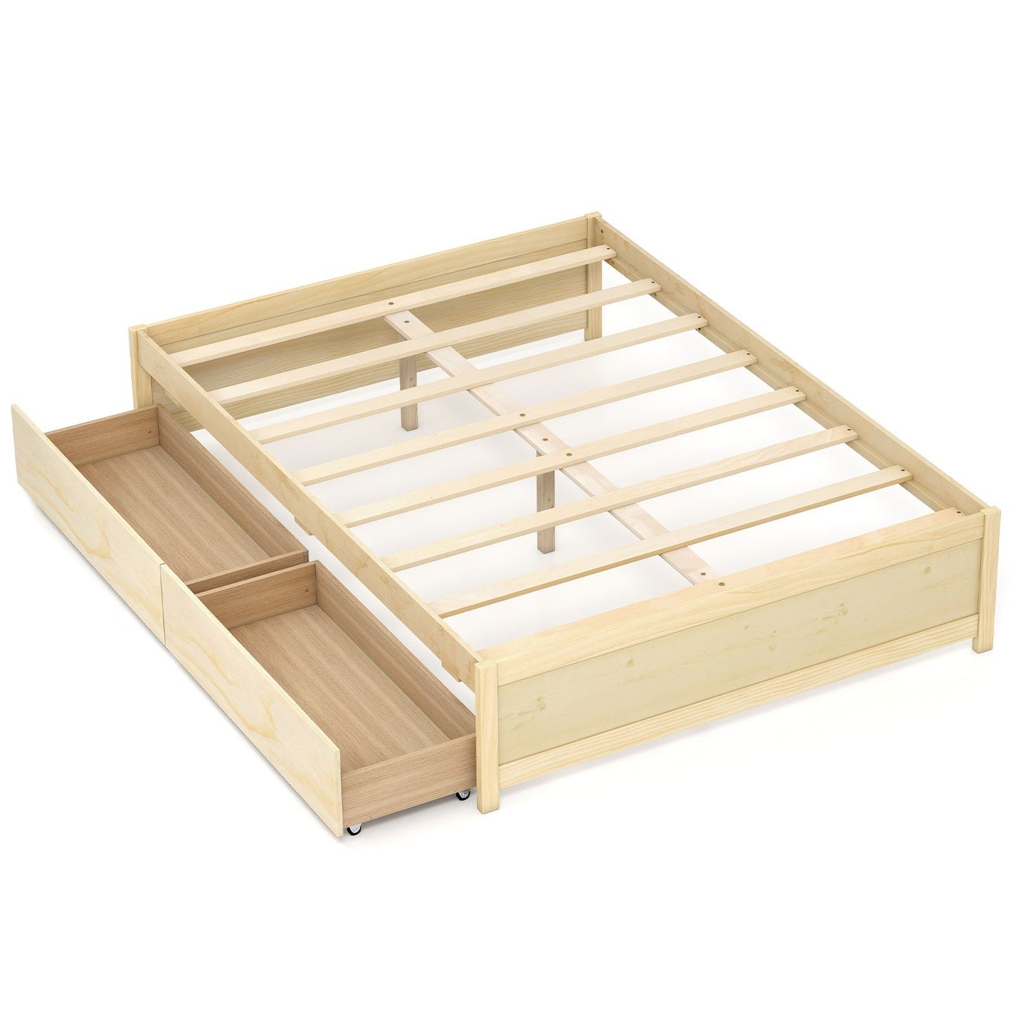 Full Size Wooden Bed Frame with 2 Rolling Storage Drawers
