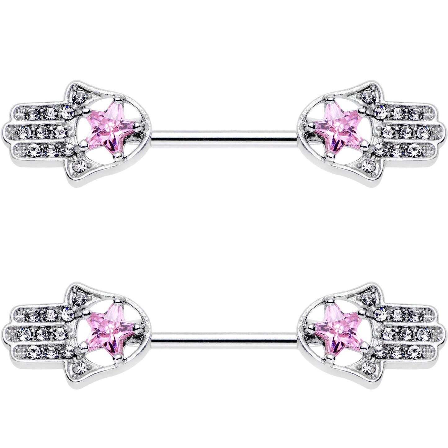 14G 9/16 Pink Gem Star Hamsa Hand Barbell Nipple Ring Set