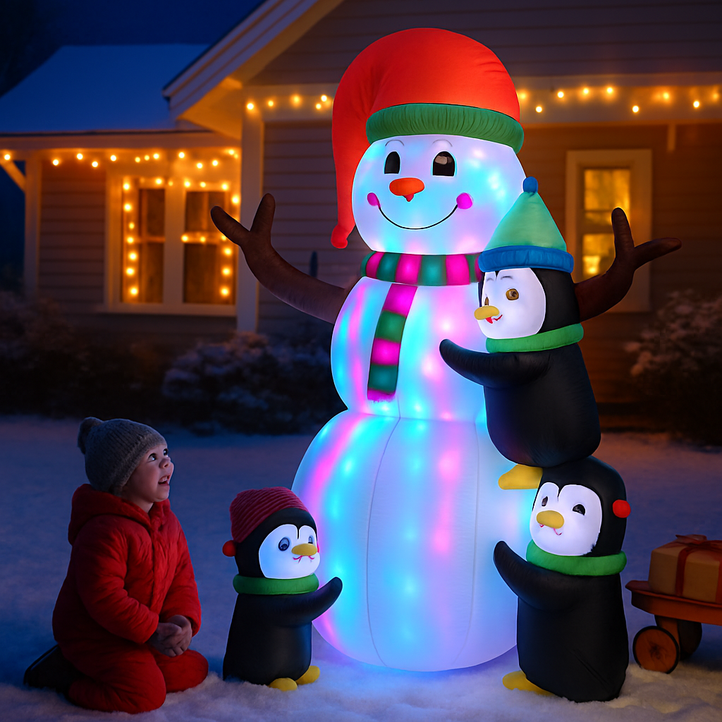 Christmas Inflatable Snowman and Penguin Yard Decoration