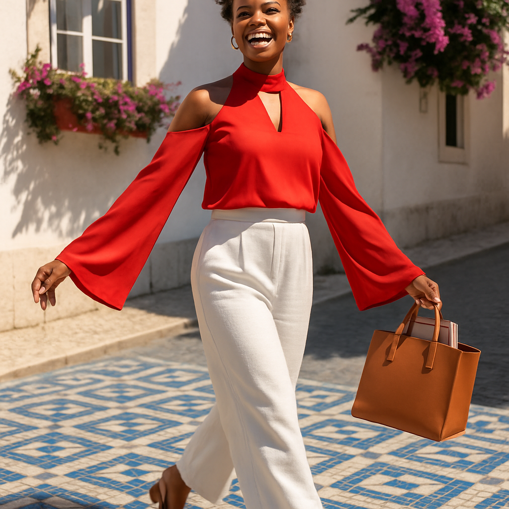 Off-the-Shoulder Blouse with V-Neck and Long Sleeves