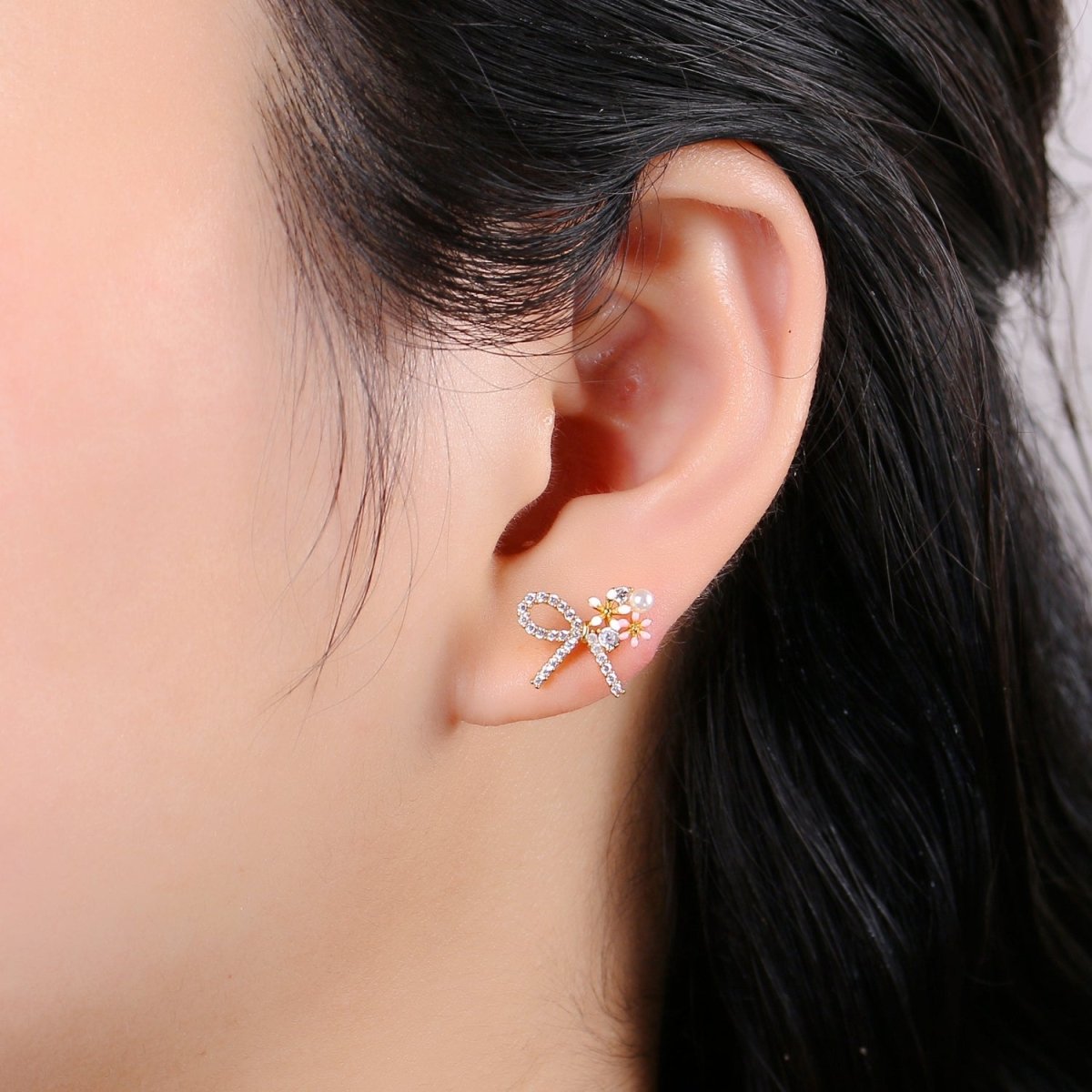 Gold Bow Earrings- 24k Gold Tiny Dainty Small Bow White CZ Gem Minimalist Jewelry Studs for Women Q-384 Q-385