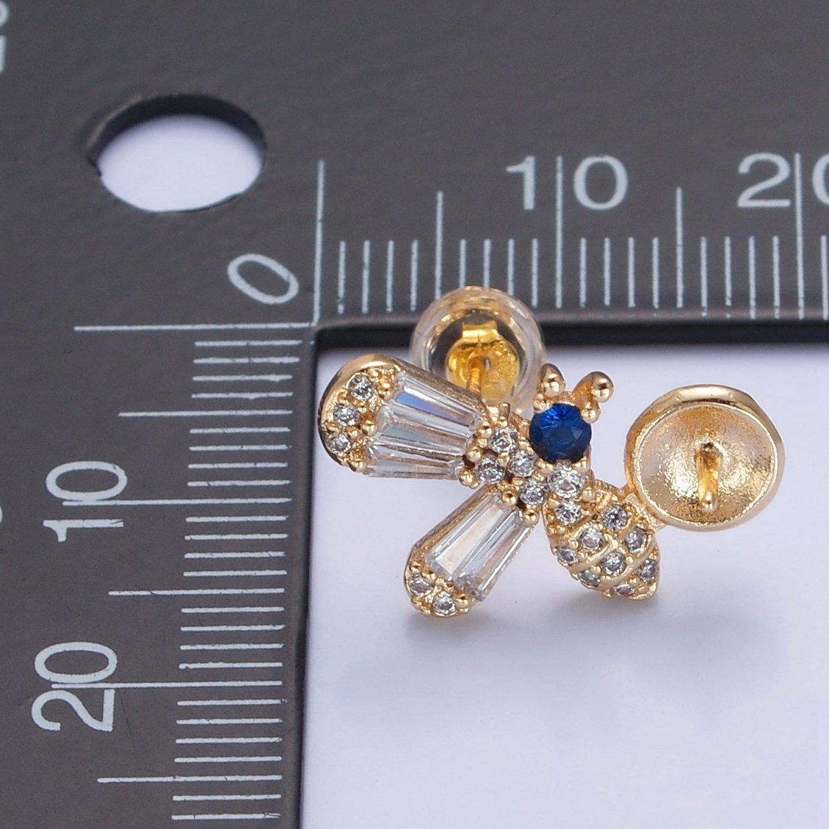 Gold Bumble Bee Studs, Animal Earrings, CZ Pearl Earrings Making Component L-771