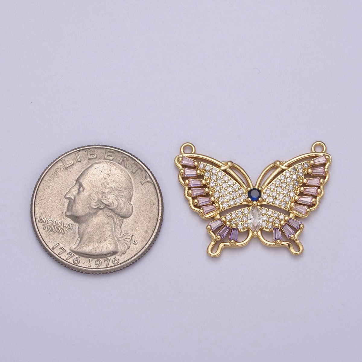 Gold Butterfly Cubic Zirconia Pavé with 2 Loops Cubic Clear CZ Gold Mariposa Charm Connector Y-447