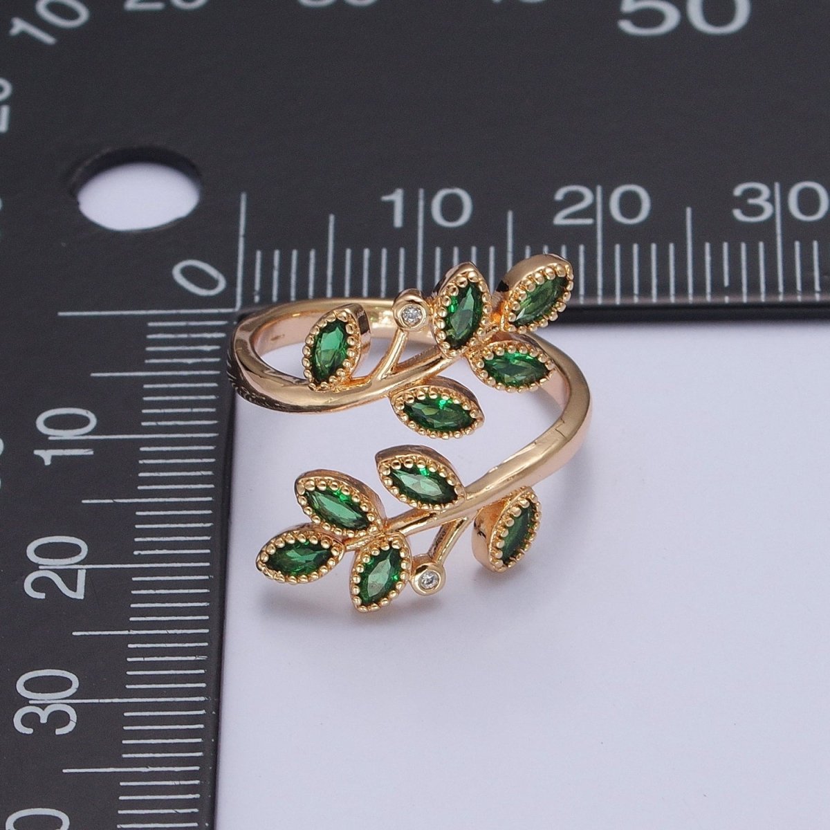 Gold Olive Leaf Ring Green Pave Olive Leaf Ring Adjustable Ring O-2210