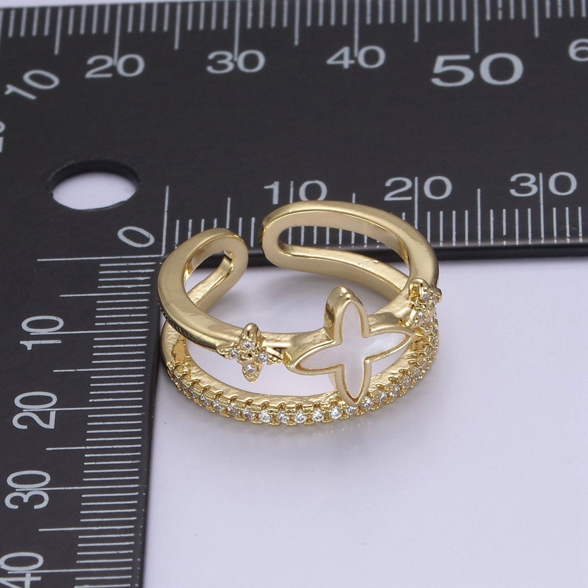 Gold Pearl Clover ring, Cubic Adjustable CZ Double Band ring, Dainty Gold minimalist jewelry Open Adjustable Ring U-481