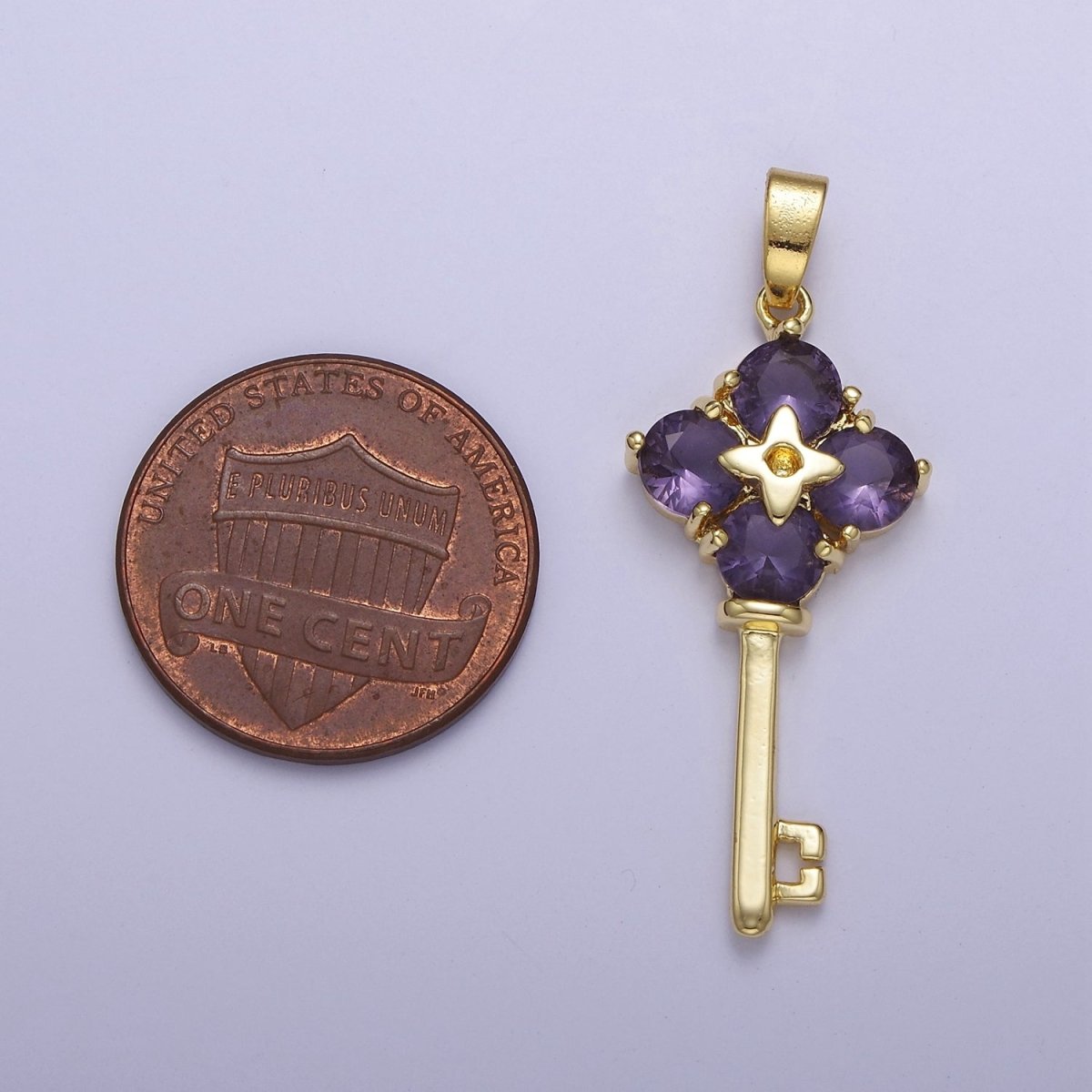 Gold Purple CZ Flower Key Pendant J-528