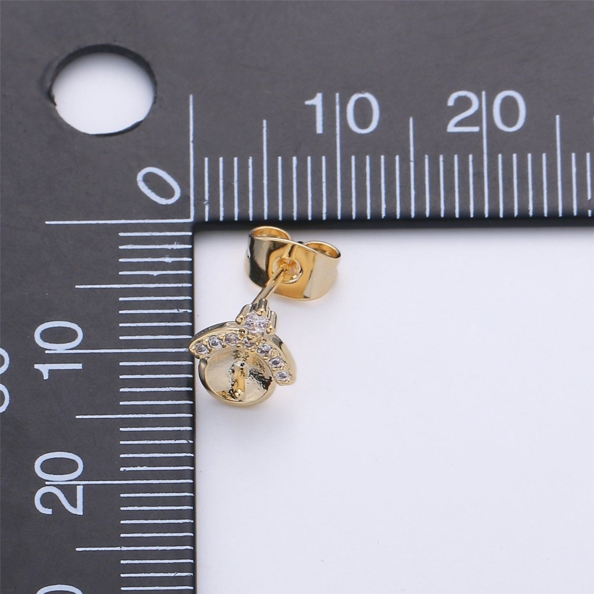 Gold Round Studs with Beads DIY Pearl Earring Settings, Half Drilled Pearl Earring Hook Mountings K-417