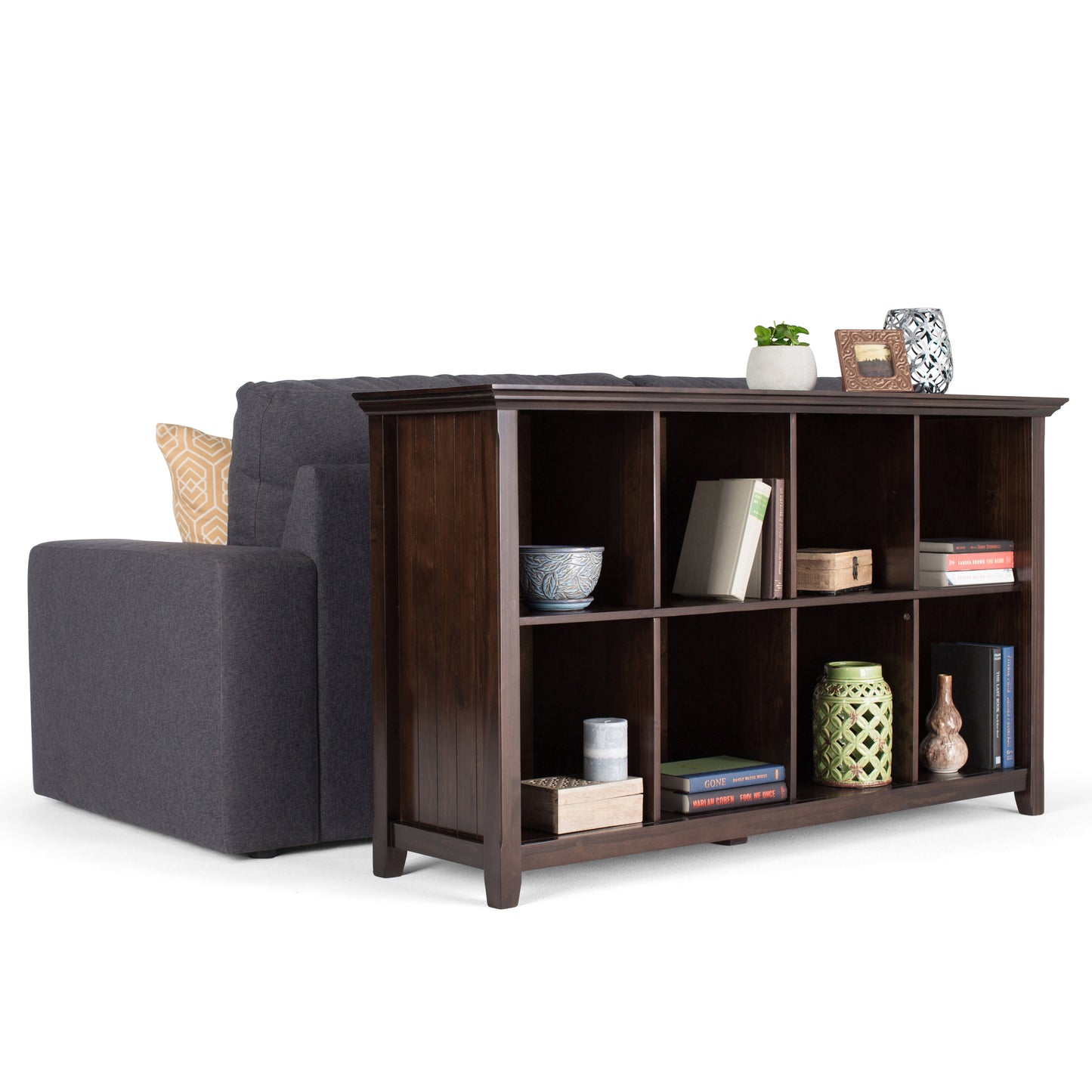 Acadian 57 Inch Wide Solid Wood 8 Cube Storage Sofa Table in Brunette