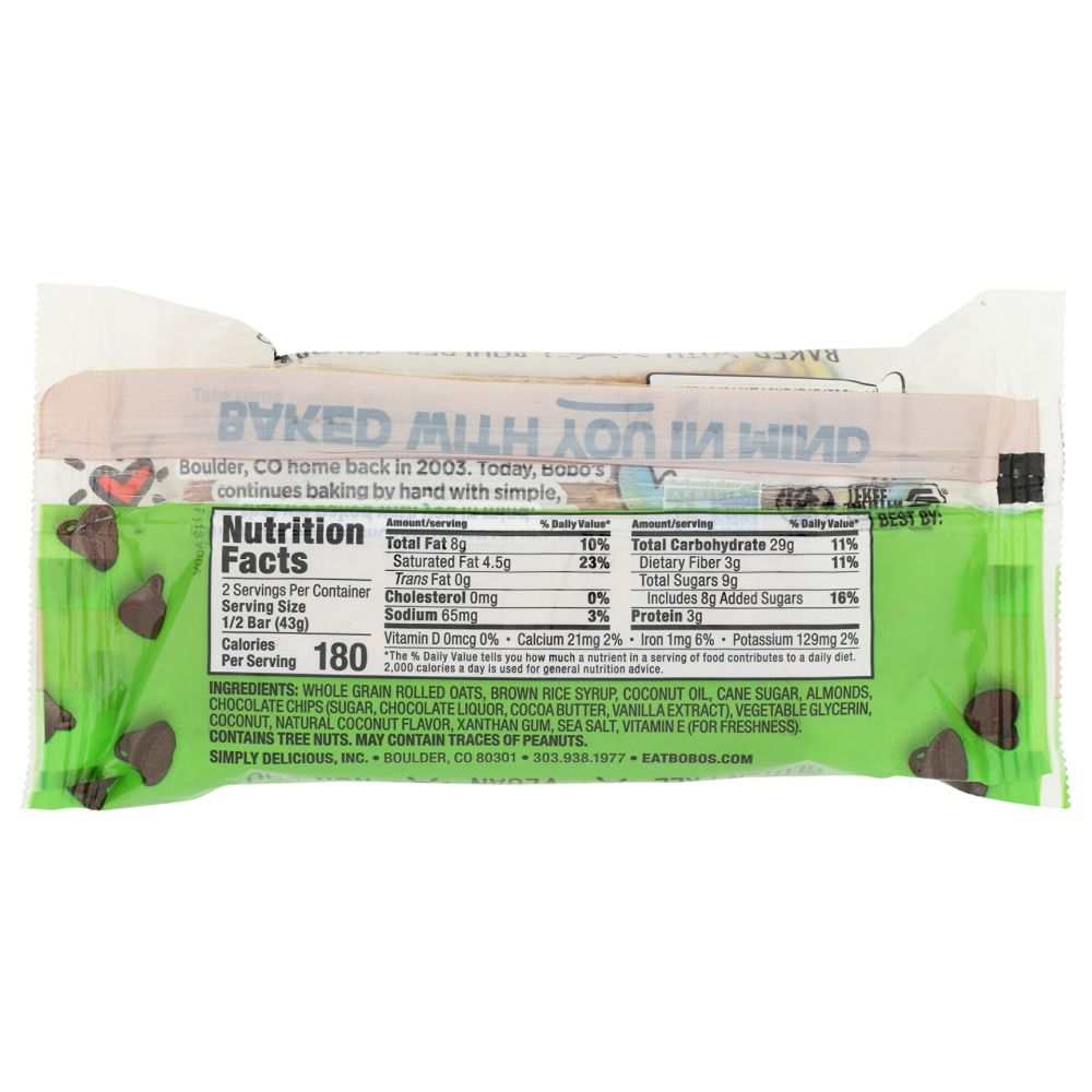 BOBO'S OAT BARS: Coconut Almond Chocolate Chip Oat Bar, 3 oz