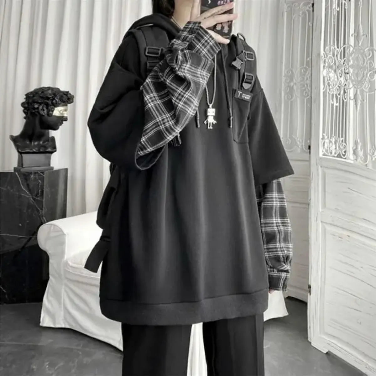 Harajuku Oversized Unisex Hoodie β Plaid Patchwork Grunge Style