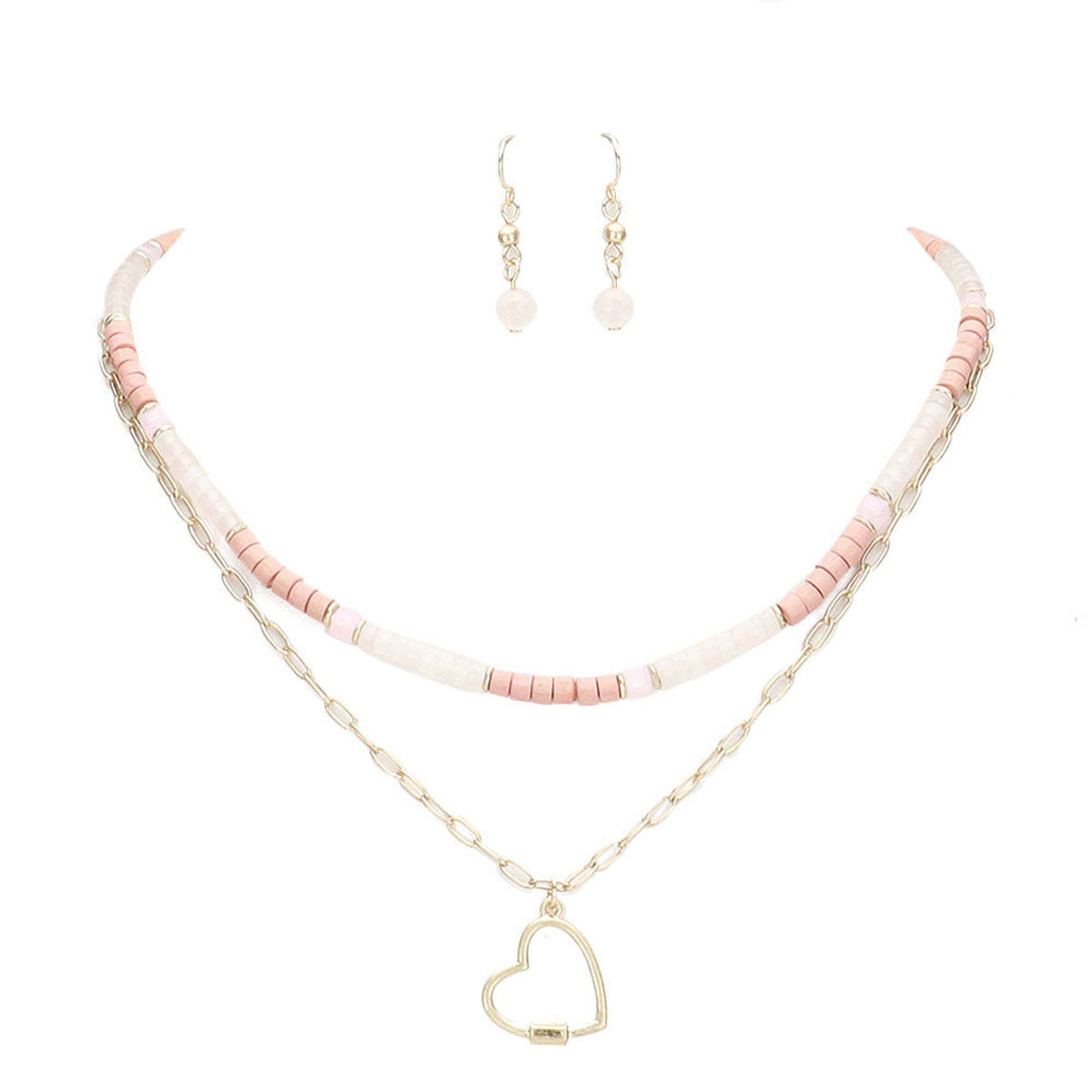 Heart Pendant Wood Natural Stone Double Layered Jewelry Set
