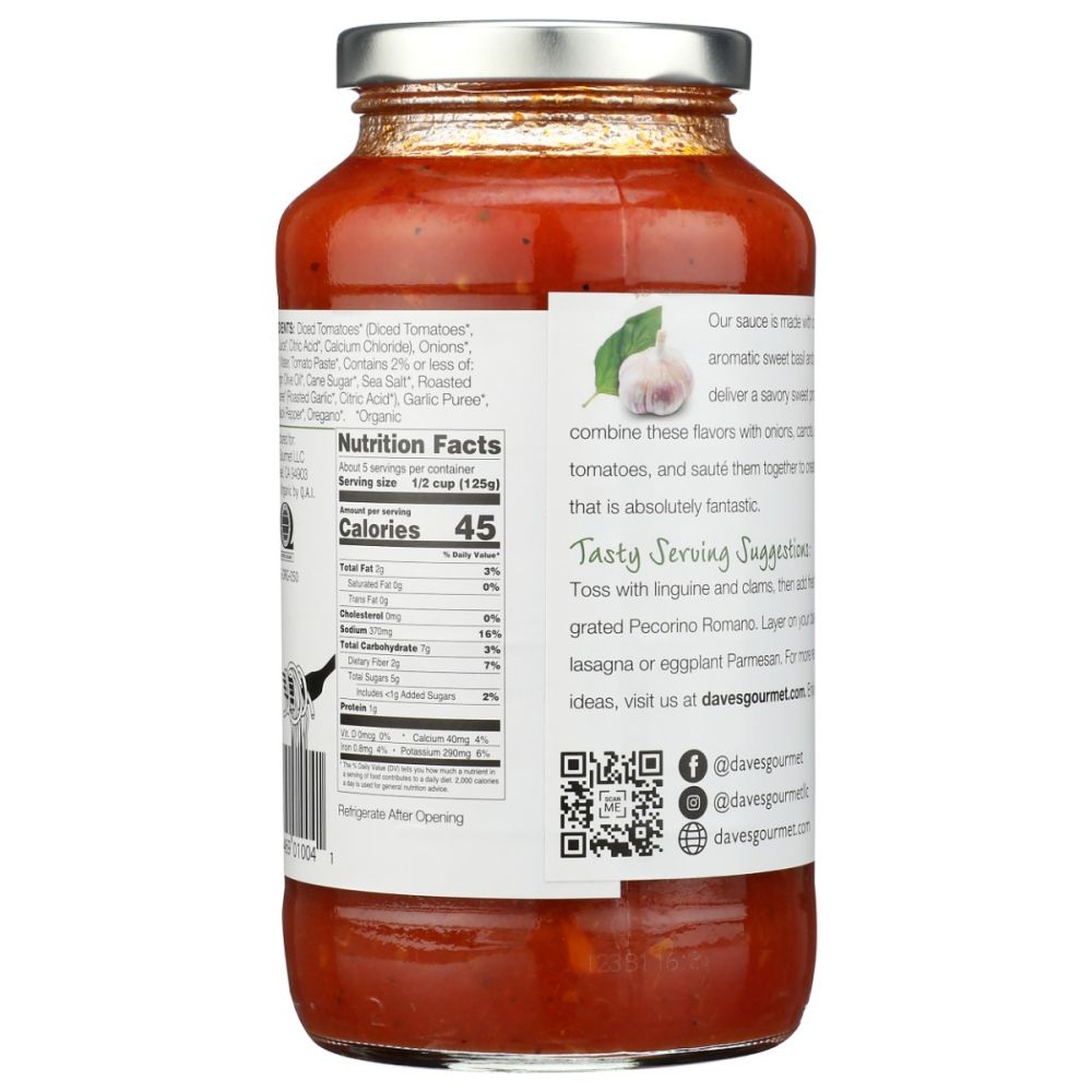 DAVES GOURMET: Organic Roasted Garlic and Sweet Basil Pasta Sauce, 24 oz