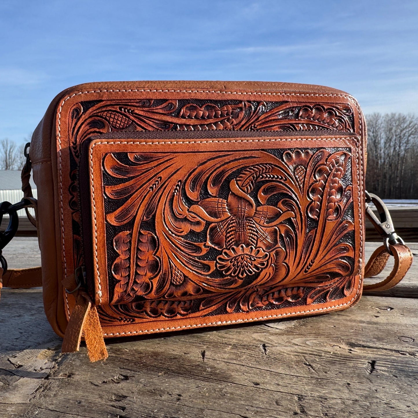 Black and Brown Genuine Western Cowhide Leather Purse with tooling and fringe