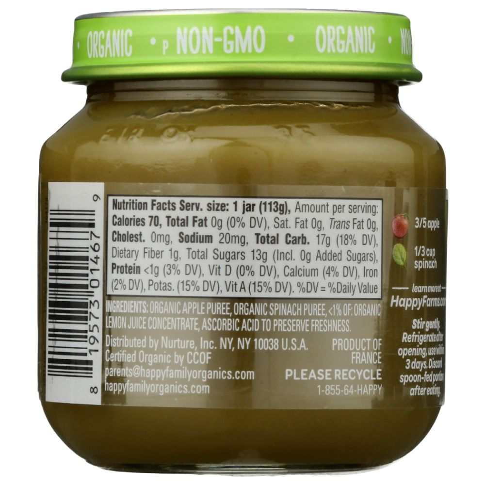 HAPPY BABY Apples and Spinach Jar Baby Food - 4 oz | Organic & Healthy
