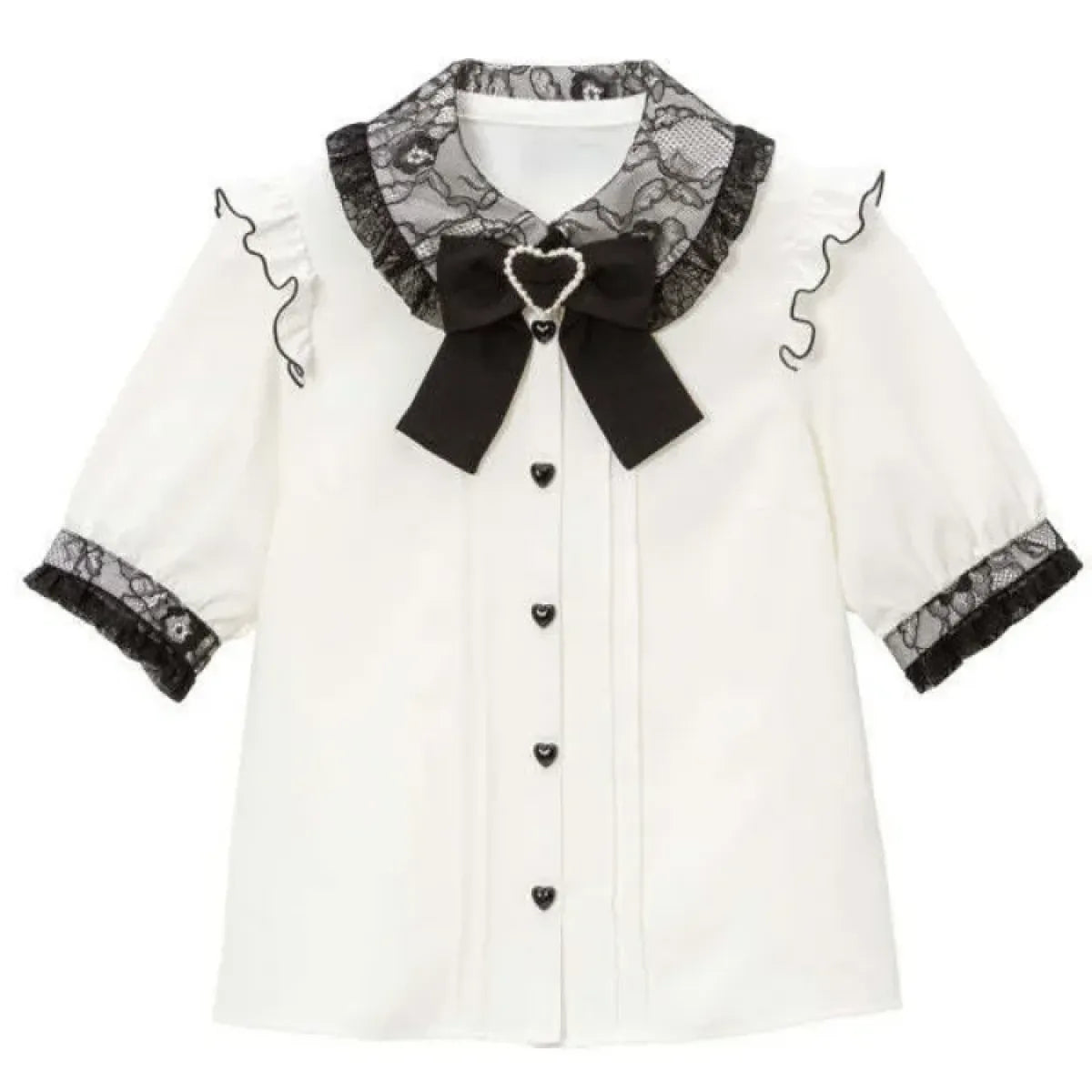 Kawaii Lolita Lace Blouse โ Y2K Grunge Bow Shirt with Heart Buttons