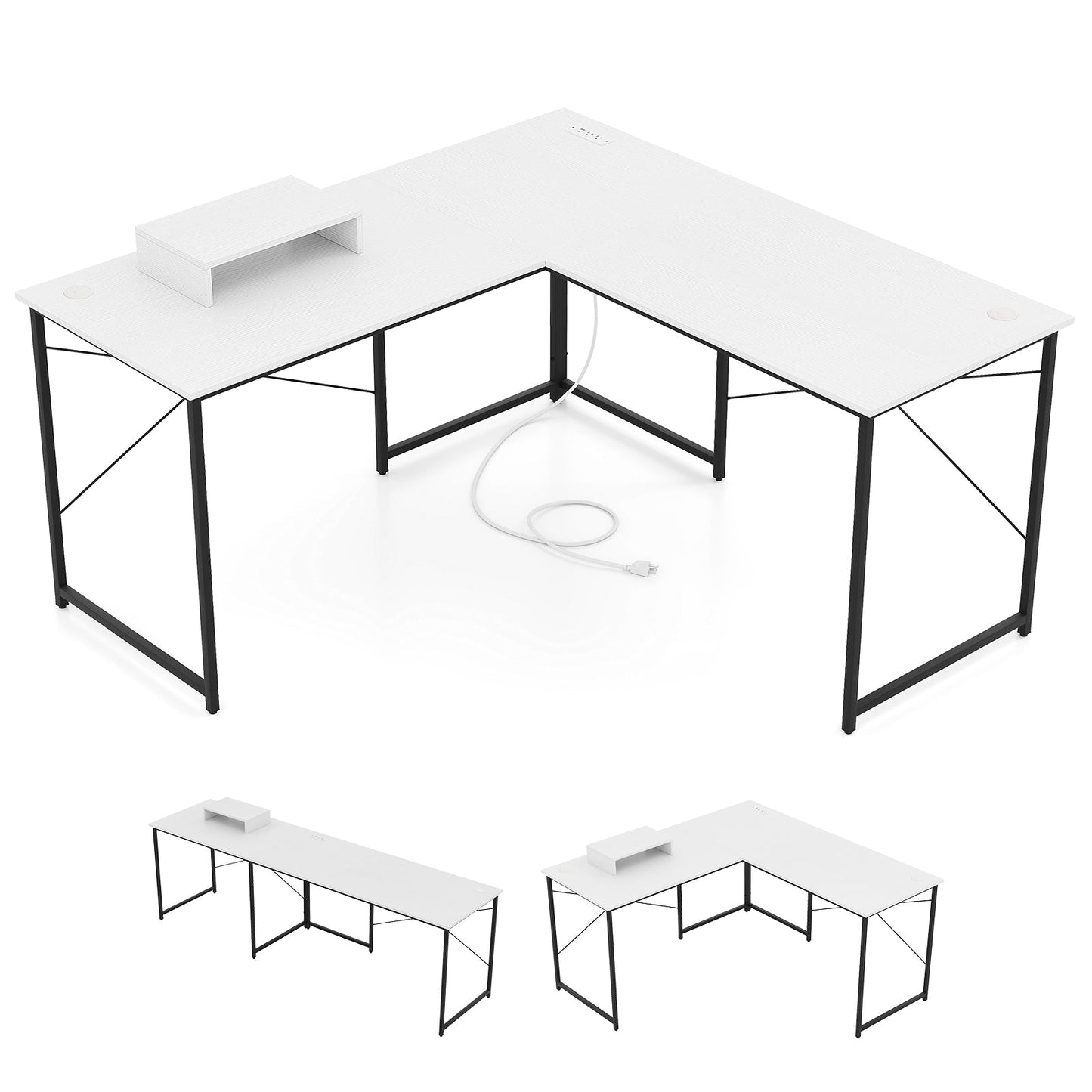 95 Inch 2-Person L-Shaped Long Reversible Computer Desk with Monitor Stand