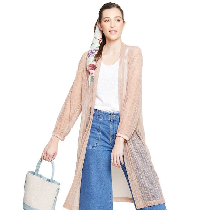 Lace Detail Long Sleeve Sheer Accent Kimono Poncho Beachwear