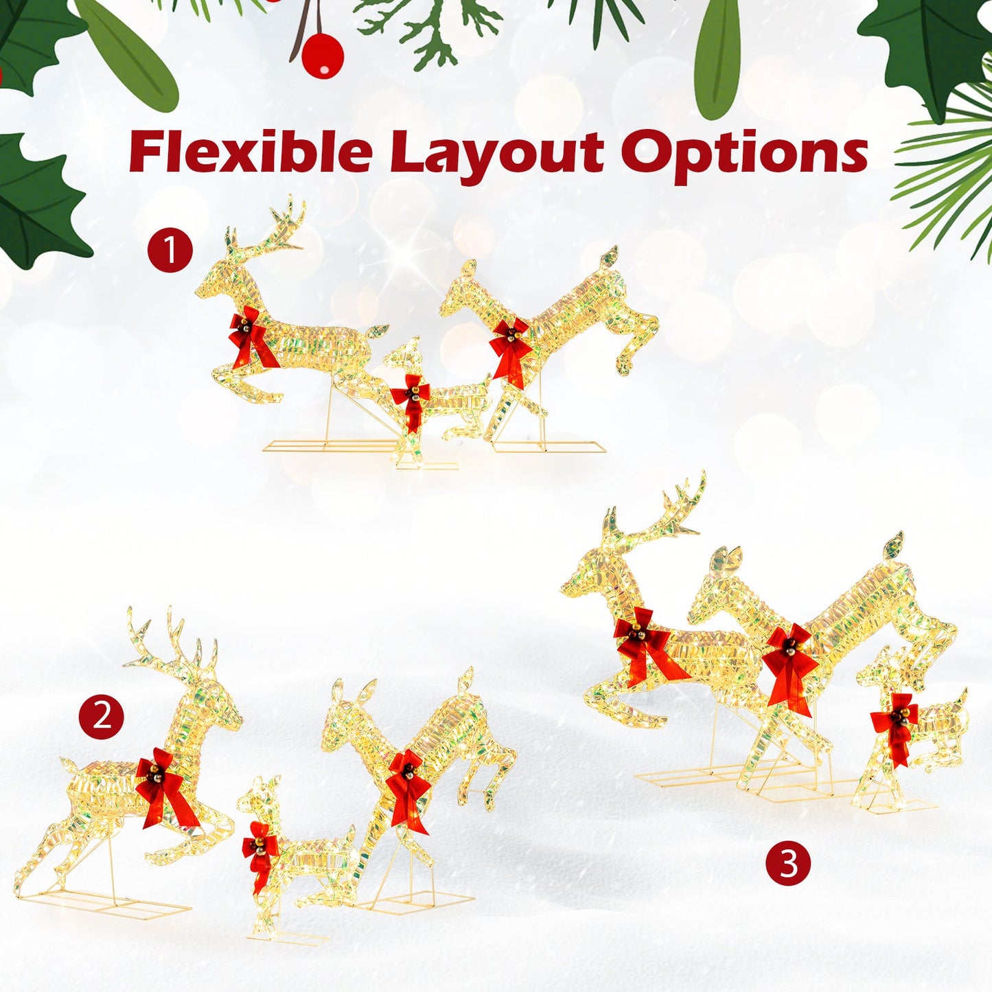 3-Piece Lighted Christmas Reindeer Family with LED Lights and Bows