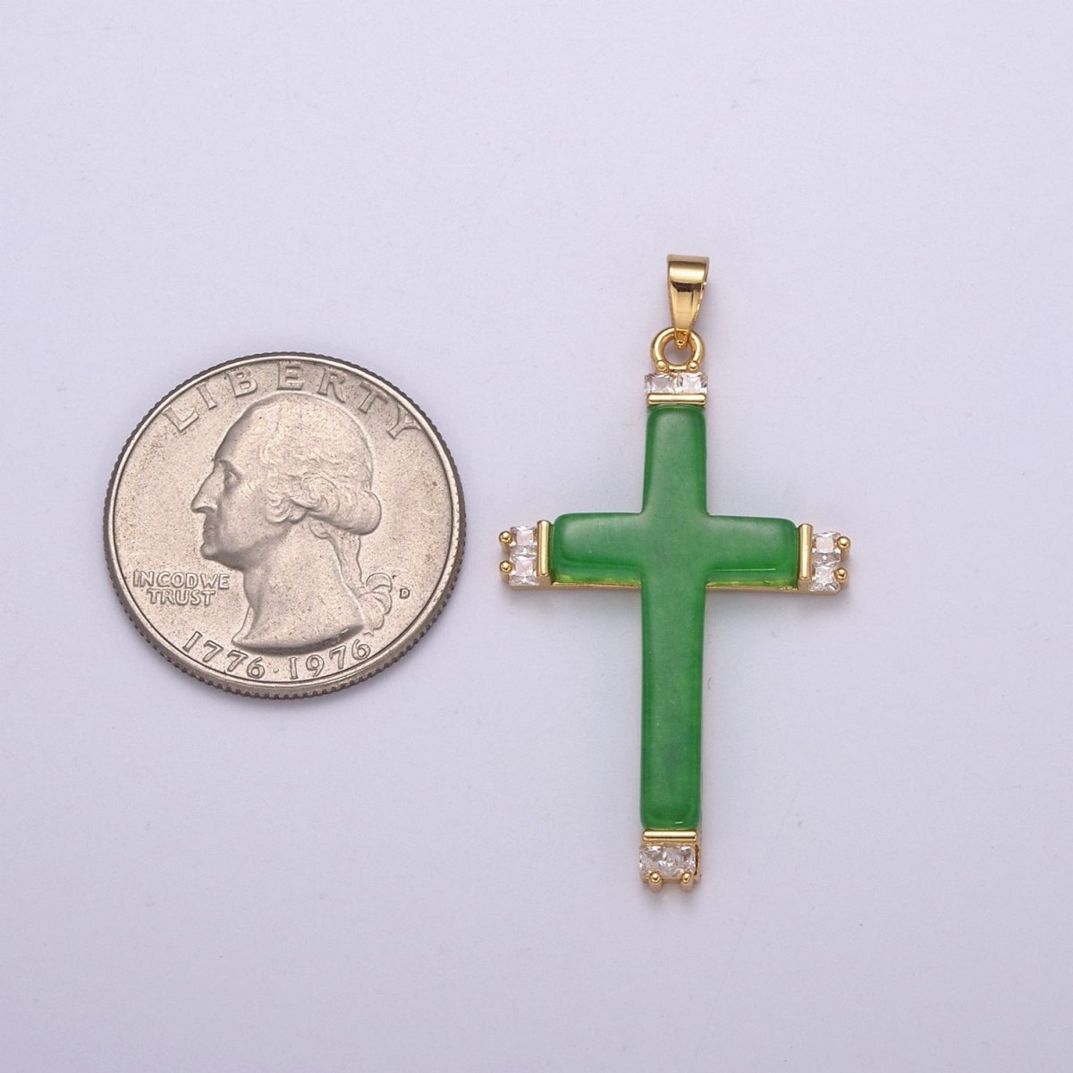 Long Green Jade Cross Pendant for Necklace 24K Gold Filled Cross AH-345