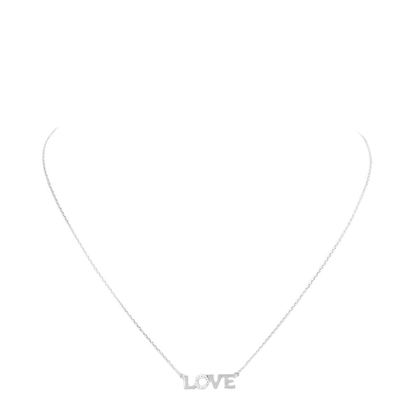 LOVE Rhinestone Embellished Brass Metal Message Pendant Necklace