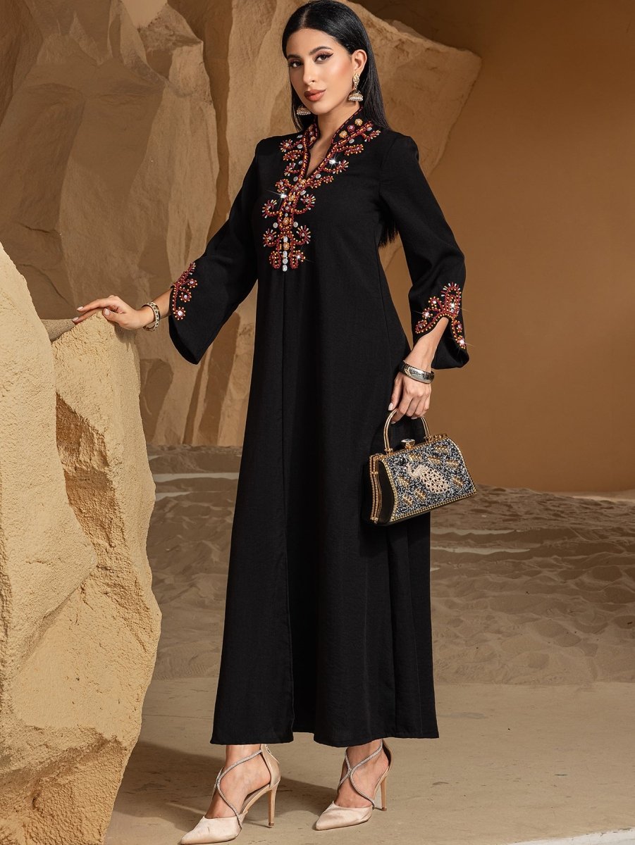 Luxury V-Neck Black & Gold Rice Bead Embroidered Party & Wedding Abaya (MA187)
