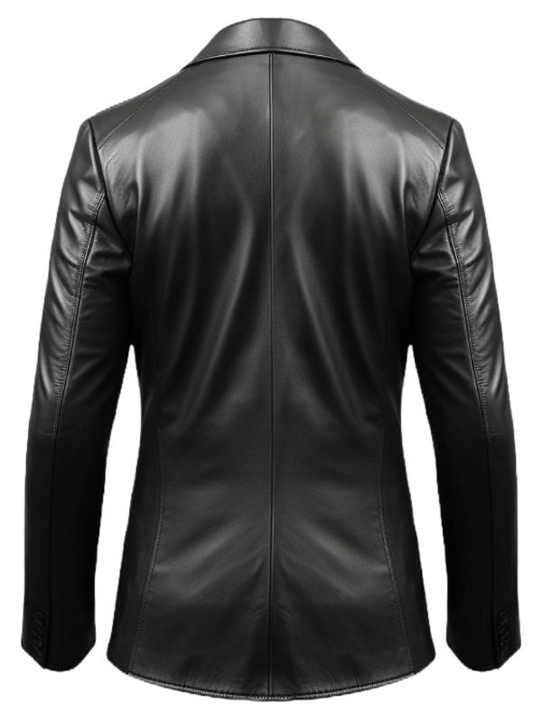Men Five Button Black Leather Blazer