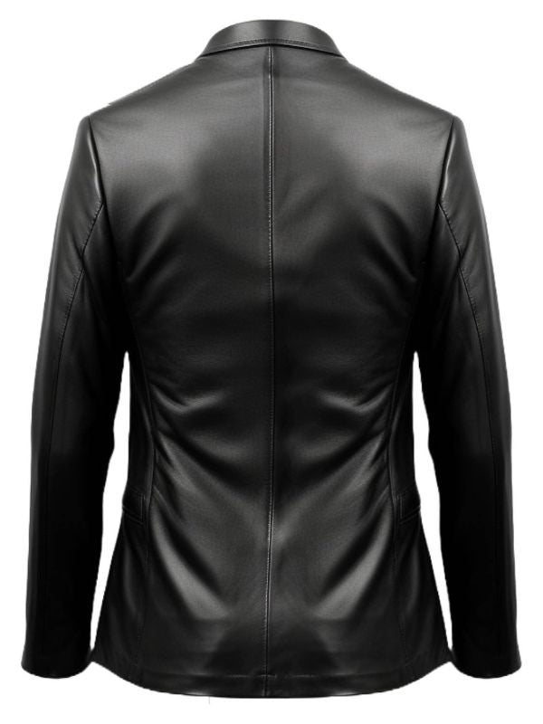 Men One Button Black Leather Blazer