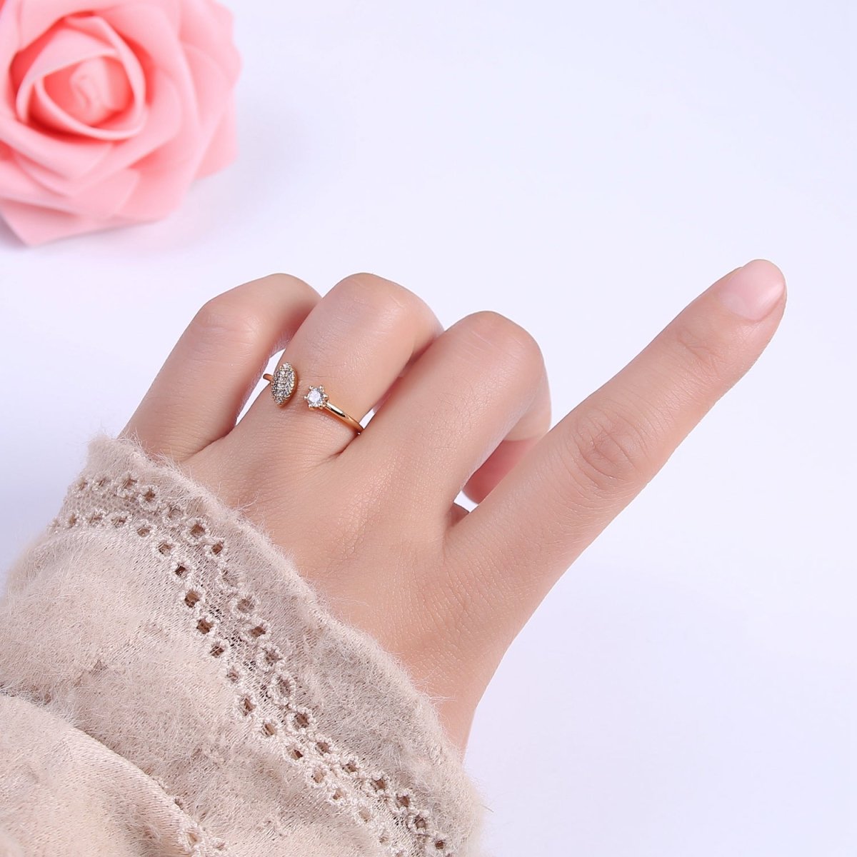 Micro Pave Gold Sharp Angle Oval Open Ring, 16K Gold Filled Crystal Cubic Zirconia CZ Statement Ring, Minimalist Stacking Ring U-434