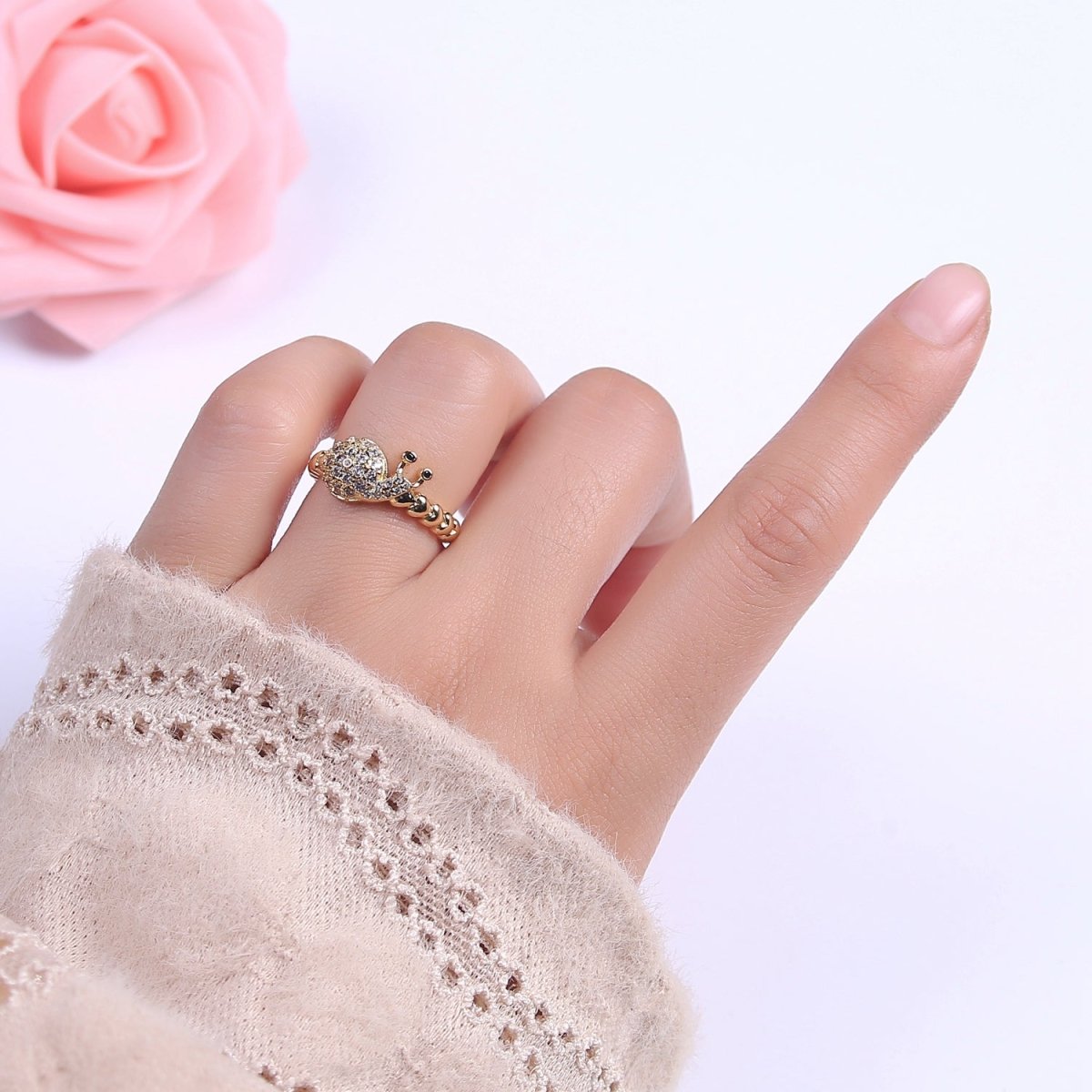 Micro Pave Snail Ring, Heart Textured Gold Adjustable Band Ring, 24K Gold Filled Nature Ocean Wildlife Under The Sea Ring U-441