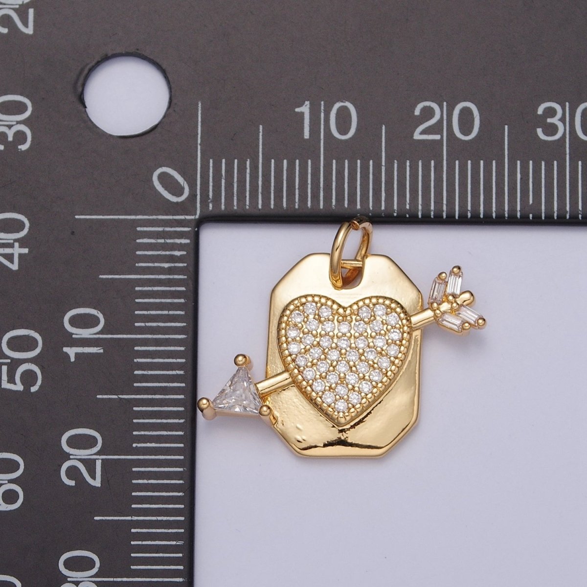Micro Paved CZ Heart Cupid's Arrow Hexagonal Tag Charm | X-126